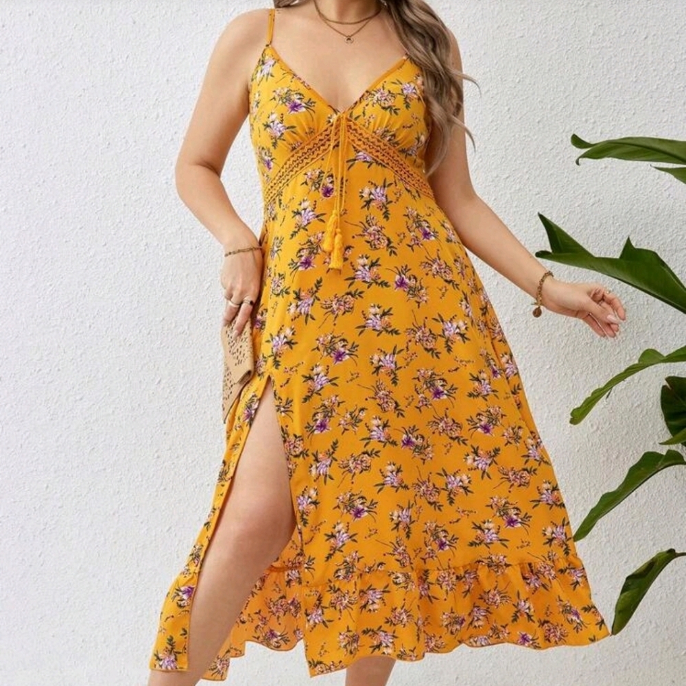 SHEIN Yellow Floral Midi Dress